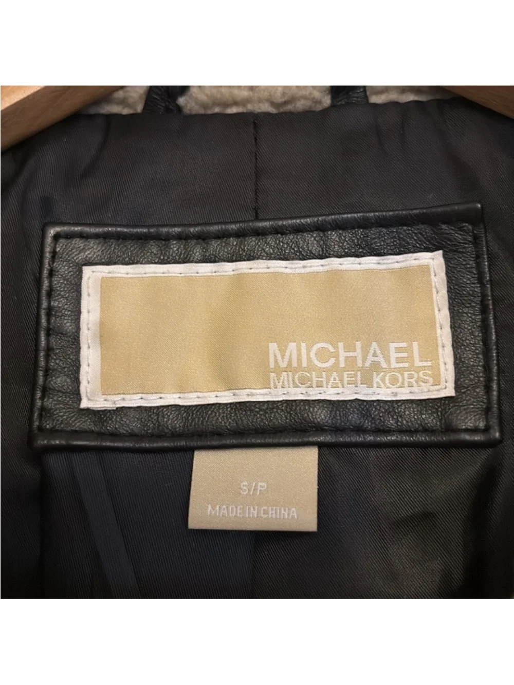 Michael Kors Black Faux Leather Biker Jacket with Tan Sherpa Collar